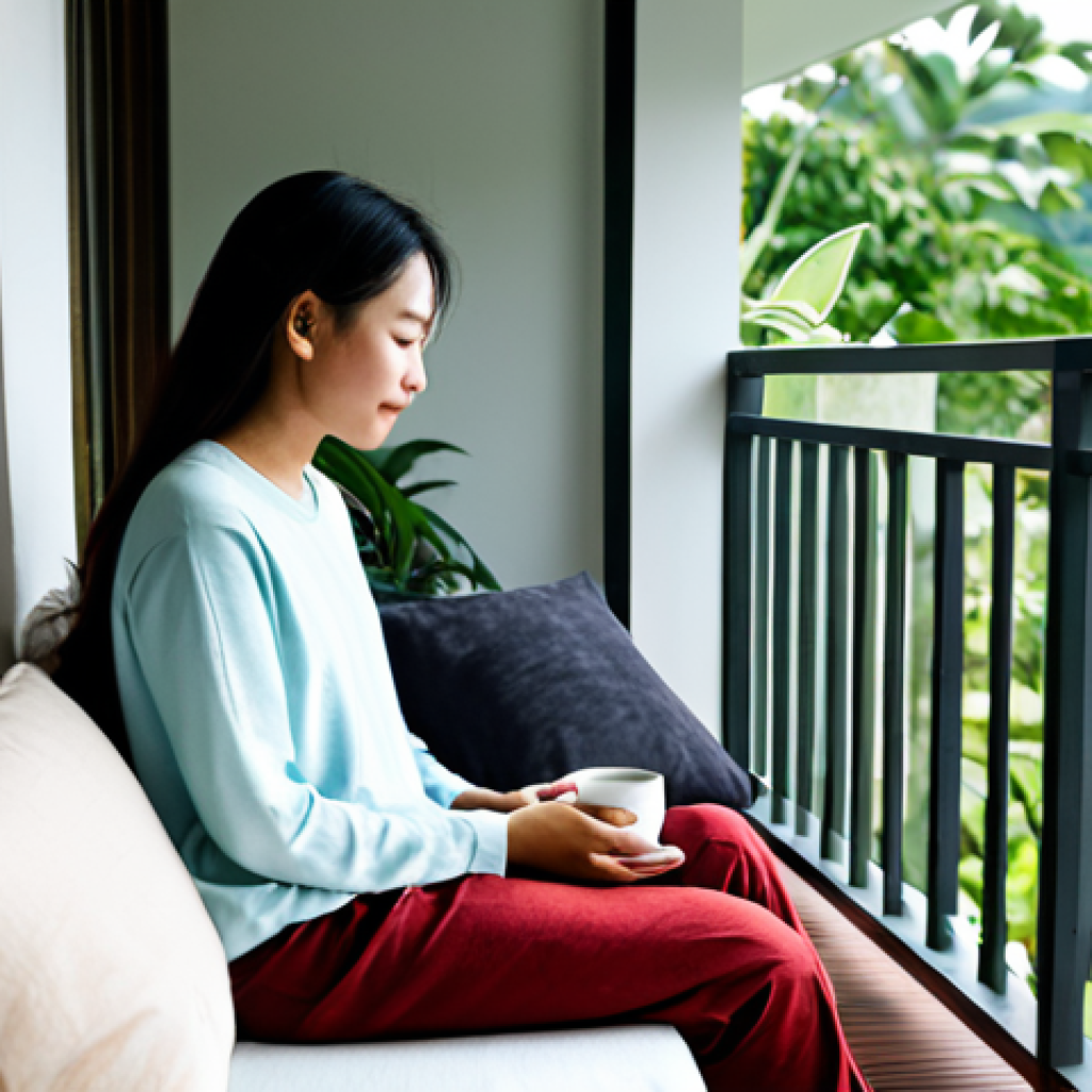 A young adult, fully clothed in modest, comfortable home attire, peacefully enjoying a hot cup of artisanal tea in a cozy balcony corner of a modern Malaysian home. Lush tropical greenery is visible outside the window, adding to the serene atmosphere. The person is seated comfortably on a plush cushion, holding a ceramic mug with both well-formed hands, in a natural pose. The lighting is soft and warm, suggesting introspection. This image promotes self-care and personal well-being. safe for work, appropriate content, fully clothed, modest, family-friendly, perfect anatomy, correct proportions, natural body proportions, proper finger count.