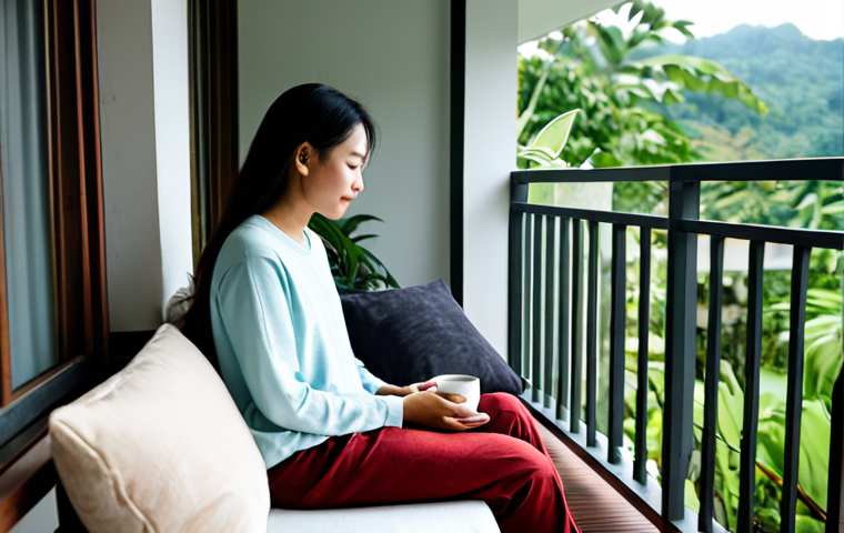 A young adult, fully clothed in modest, comfortable home attire, peacefully enjoying a hot cup of artisanal tea in a cozy balcony corner of a modern Malaysian home. Lush tropical greenery is visible outside the window, adding to the serene atmosphere. The person is seated comfortably on a plush cushion, holding a ceramic mug with both well-formed hands, in a natural pose. The lighting is soft and warm, suggesting introspection. This image promotes self-care and personal well-being. safe for work, appropriate content, fully clothed, modest, family-friendly, perfect anatomy, correct proportions, natural body proportions, proper finger count.